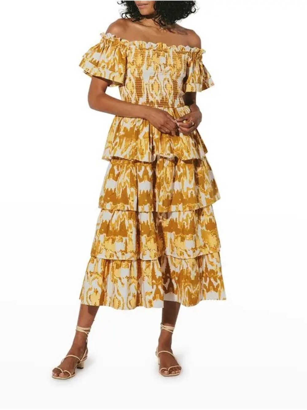 CLEOBELLA Samantha Tiered Ruffle Midi Dress Cotton Yellow Ikat Size XS